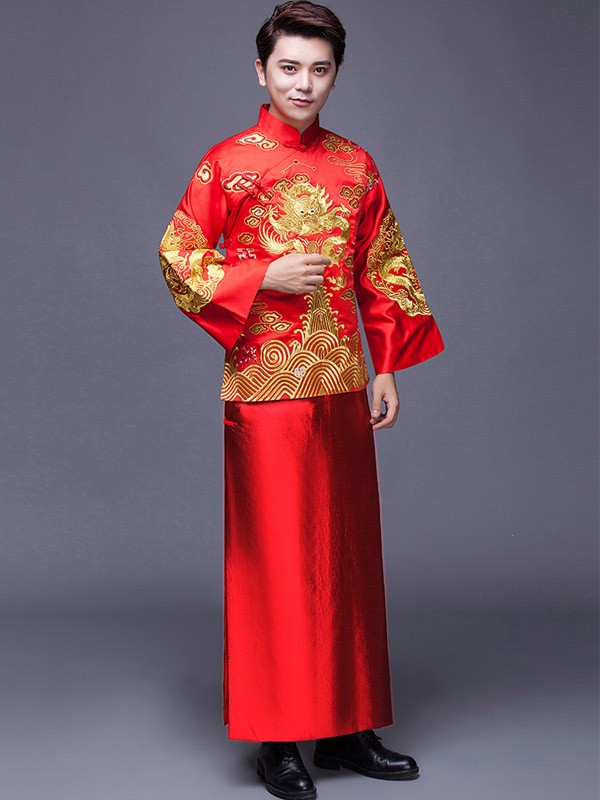 Red Embroidered Men's Chinese Wedding Suit, Jacket & Gown - CozyLadyWear