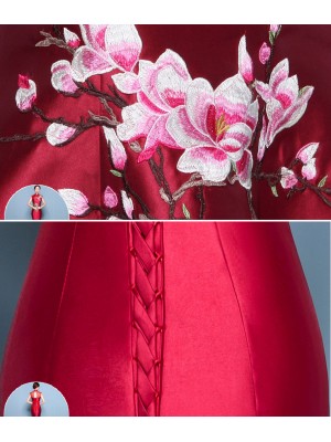 Wine Red Mermaid Fishtail Qipao Cheongsam Dress with Floral Embroidery