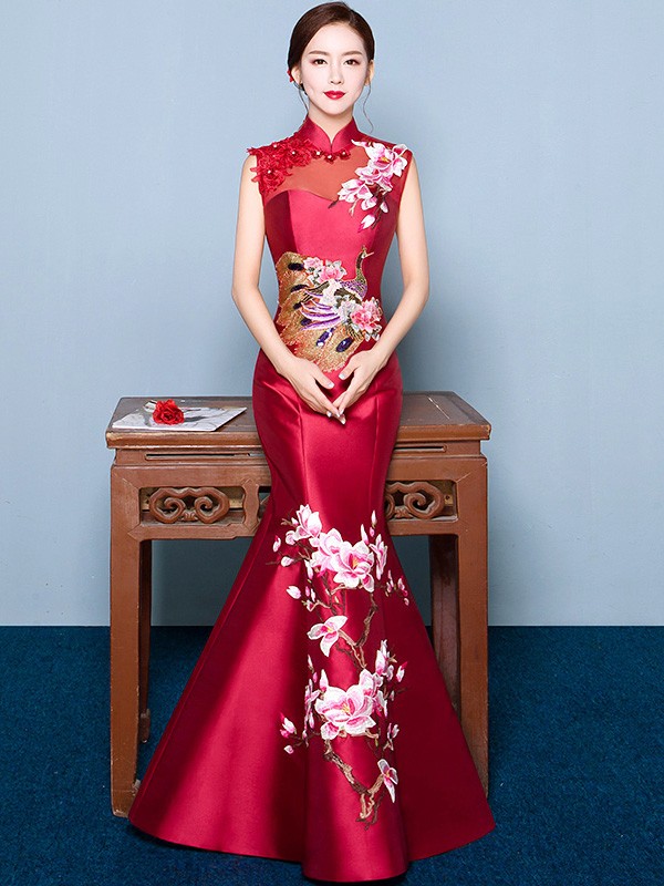 Wine Red Mermaid Qipao / Cheongsam Dress with Floral Embroidery