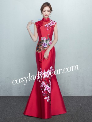 Wine Red Mermaid Qipao / Cheongsam Dress with Floral Embroidery