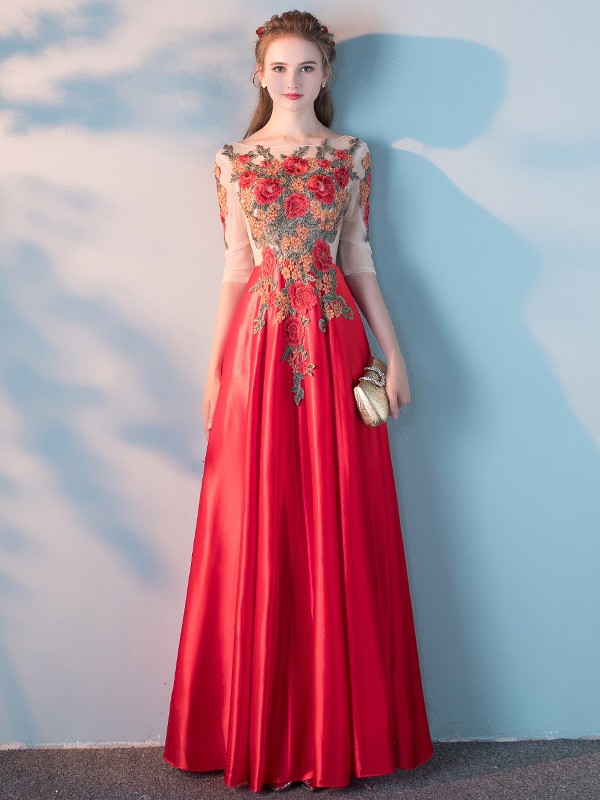 Floor Length Embroidered Bodice Prom Gown with Half Sleeve