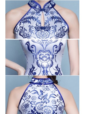 Halter Qipao / Cheongsam Dress in Blue and White Pattern