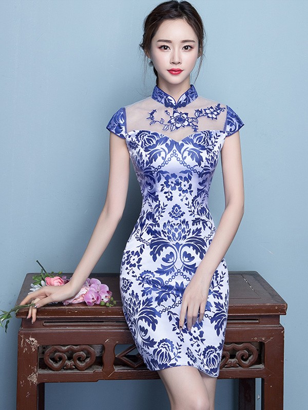 Short Qipao / Cheongsam Dress in Blue and White Floral Print