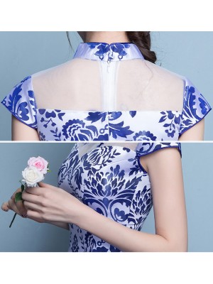 Short Qipao / Cheongsam Dress in Blue and White Floral Print
