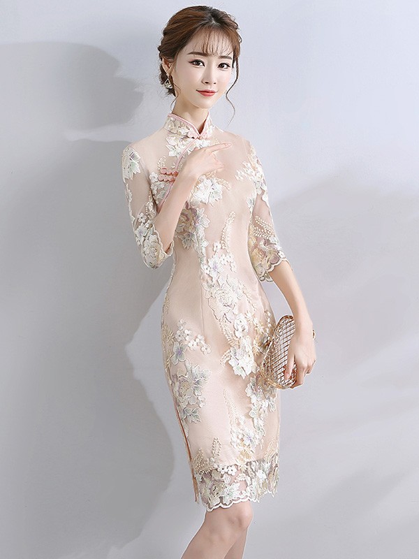 Champagne Embroidered Qipao / Cheongsam Dress with Half Sleeve