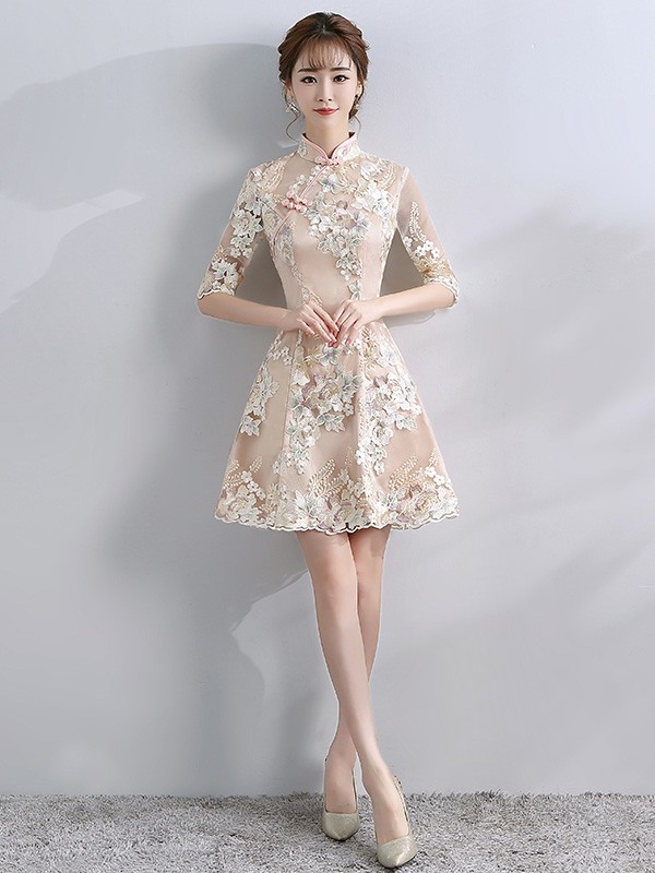 Embroidered A-line Qipao / Cheongsam Dress with Half Sleeve