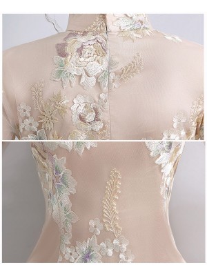 Embroidered A-line Qipao / Cheongsam Dress with Half Sleeve