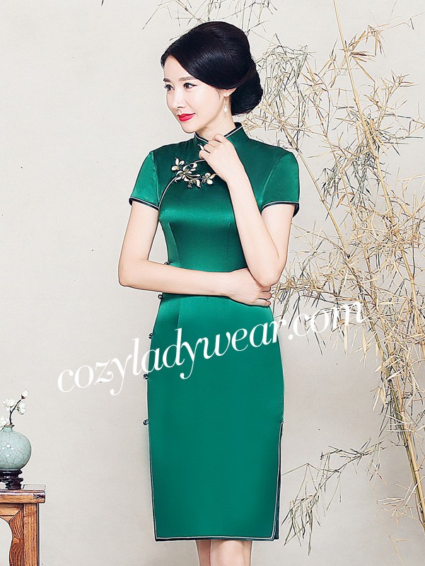 Forest Green Silk Midi Qipao / Cheongsam Dress CozyLadyWear