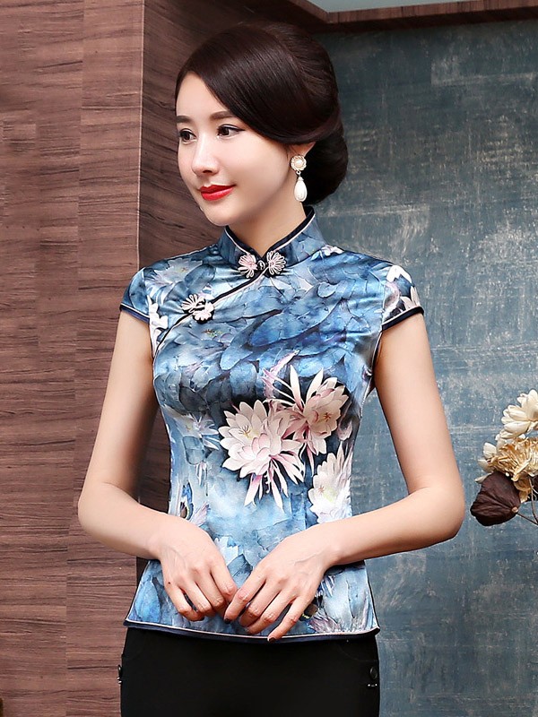 Blue Floral Printed Silk Qipao / Cheongsam Top