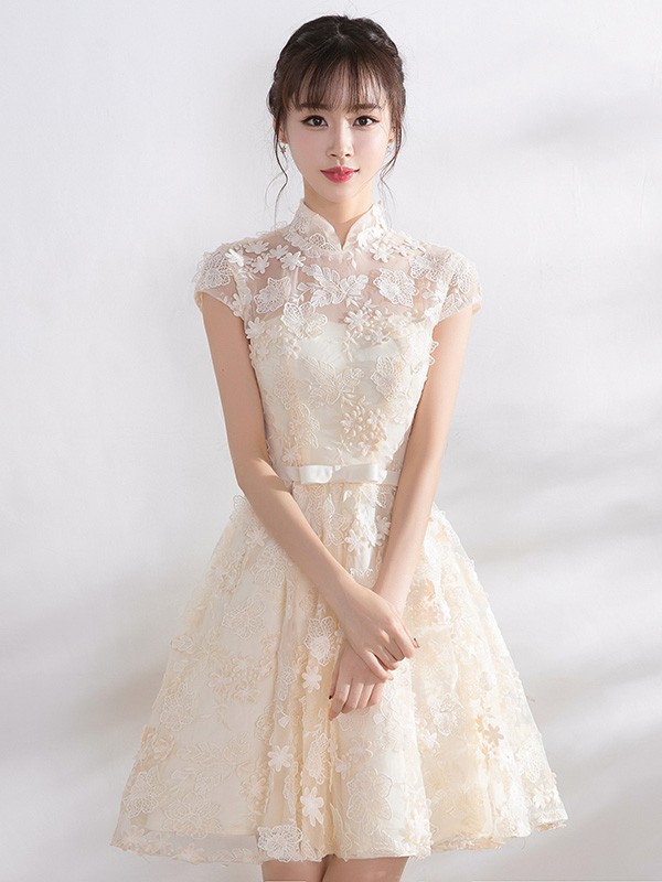 Bridesmaid Lace A-Line Illusion Qipao / Cheongsam Dress