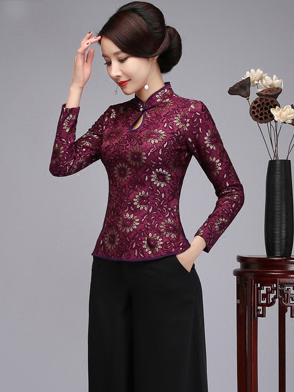 Floral Lace Qipao / Cheongsam Blouse Top with Long Sleeves