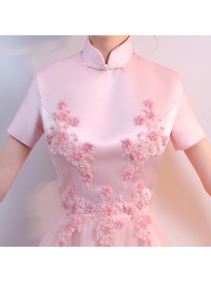 Pink Bridesmaids Appliques Qipao / Cheongsam Wedding Dress with Tulle Skirt