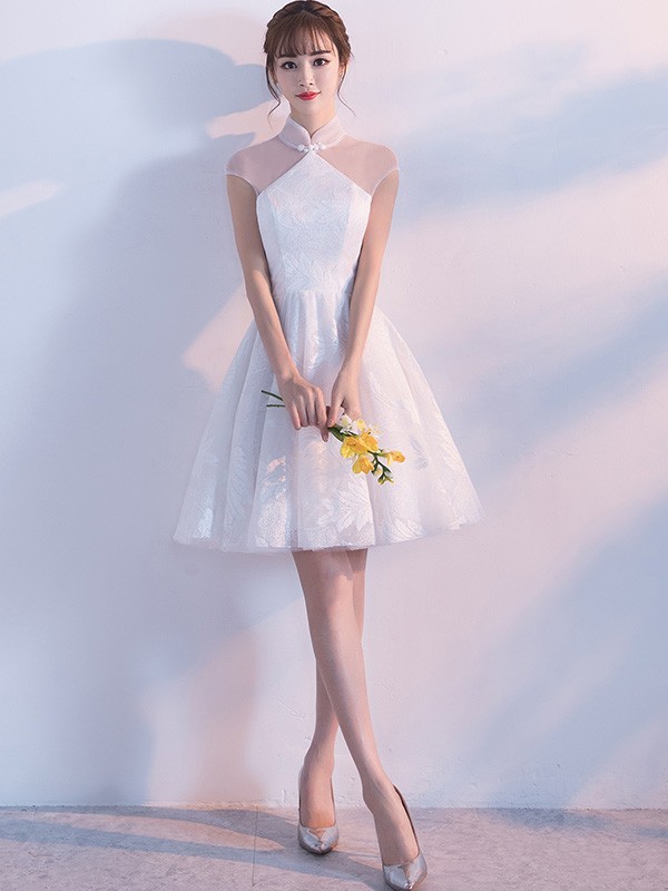 Short Bridesmaids Illusion Wedding Qipao / Cheongsam Dress - CozyLadyWear
