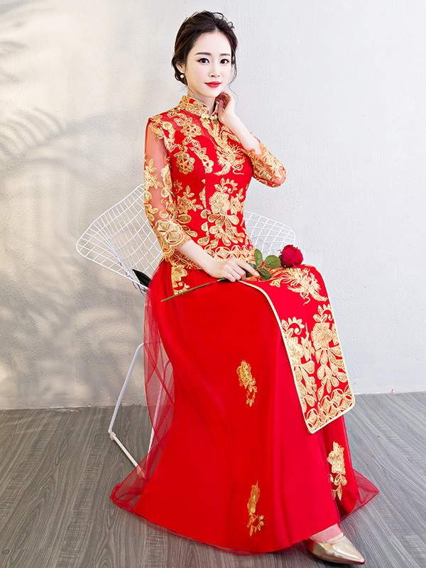 Chinese Wedding Qun Kwa Embroidered Phoenix Top &  Maxi Skirt