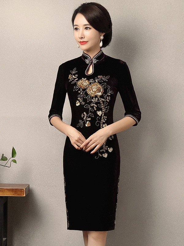 Sequined Velvet Midi Qipao / Cheongsam Dress Sequined Velvet Midi Qipao / Cheongsam Dress