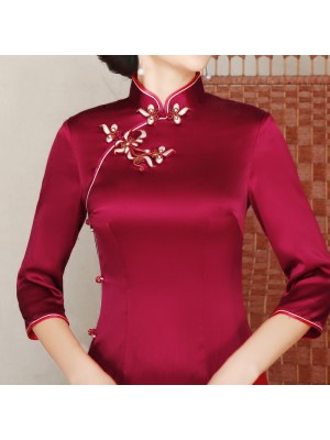 Rose Red Silk Midi Qipao / Cheongsam Dress