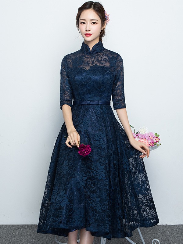 Blue Lace Qipao / Cheongsam Dress with Full Skirt