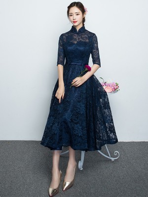 Blue Lace Qipao / Cheongsam Dress with Full Skirt