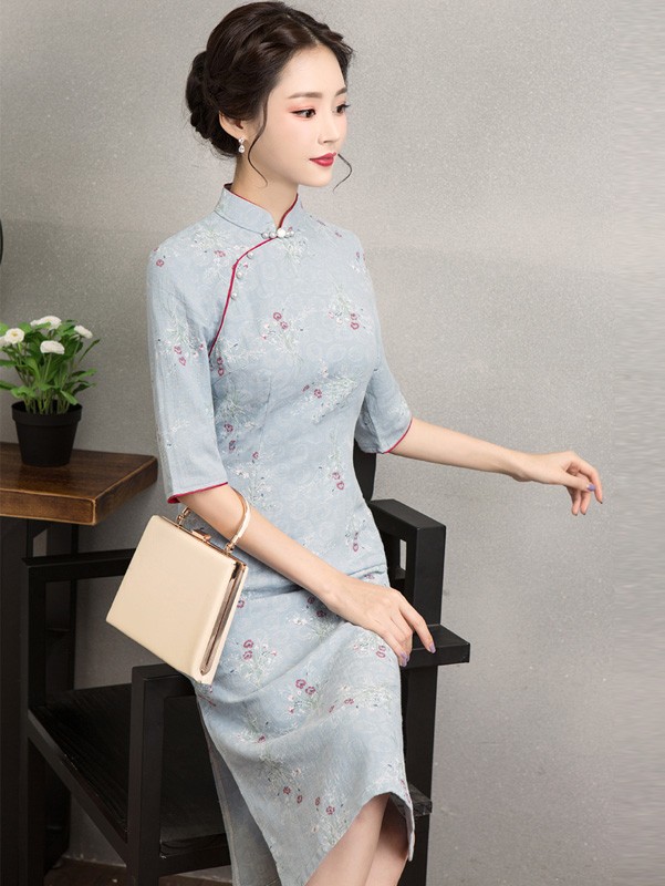 Blue Floral Linen Midi Qipao / Cheongsam Dress