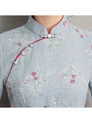 Blue Floral Linen Midi Qipao / Cheongsam Dress