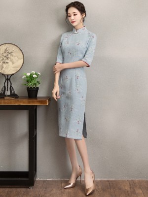 Blue Floral Linen Midi Qipao / Cheongsam Dress