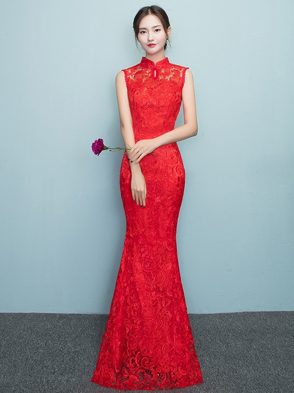 Red Full Length Lace  Qipao / Cheongsam Prom Dress