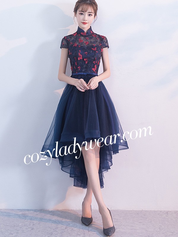 Blue A-line Qipao / Cheongsam Dress with Dip Hem - CozyLadyWear
