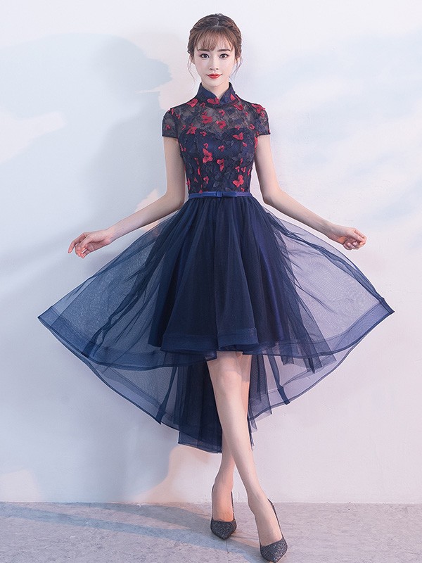 Blue A-line Qipao / Cheongsam Dress with Dip Hem