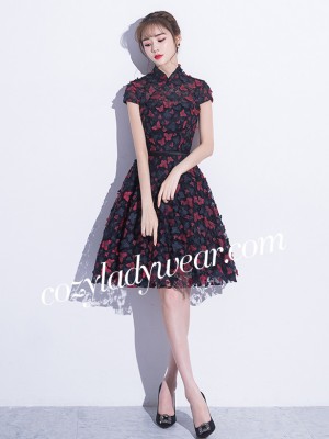 A-line Blue Lace Qipao / Cheongsam Dress with Butterfly Appliques
