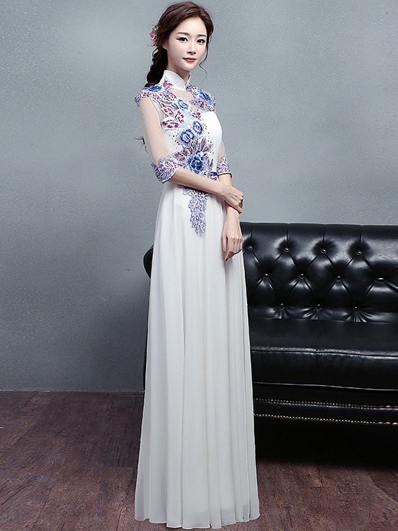 Custom Made White Embroidered Long Qipao / Cheongsam Dress