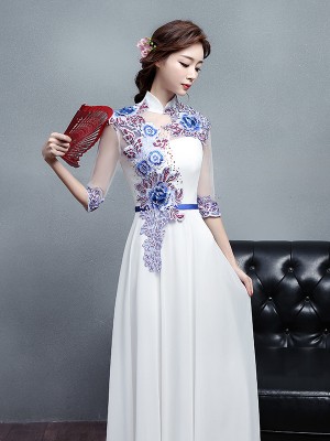 Custom Made White Embroidered Long Qipao / Cheongsam Dress