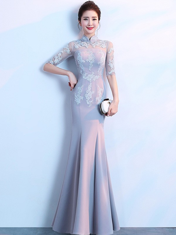 Gray Floor Length Mermaid Qipao /Cheongsam Dress