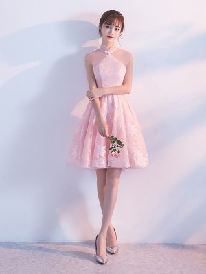 Pink Short Bridesmaids Tulle Qipao / Cheongsam Dress