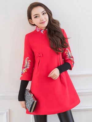 Red Embroidered Long Sleeve Qipao / Cheongsam Dress
