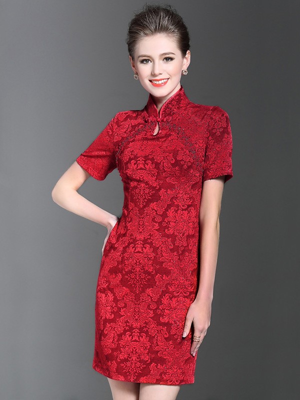 Red Sequined Short Qipao / Cheongsam Evening Dress