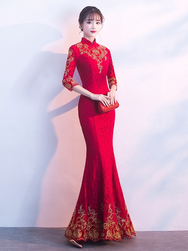 Wine Red Lace Mermaid Qipao / Cheongsam Wedding Dress
