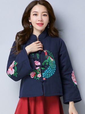Padded Qipao Tang Jacket with Floral & Bird Embroidery