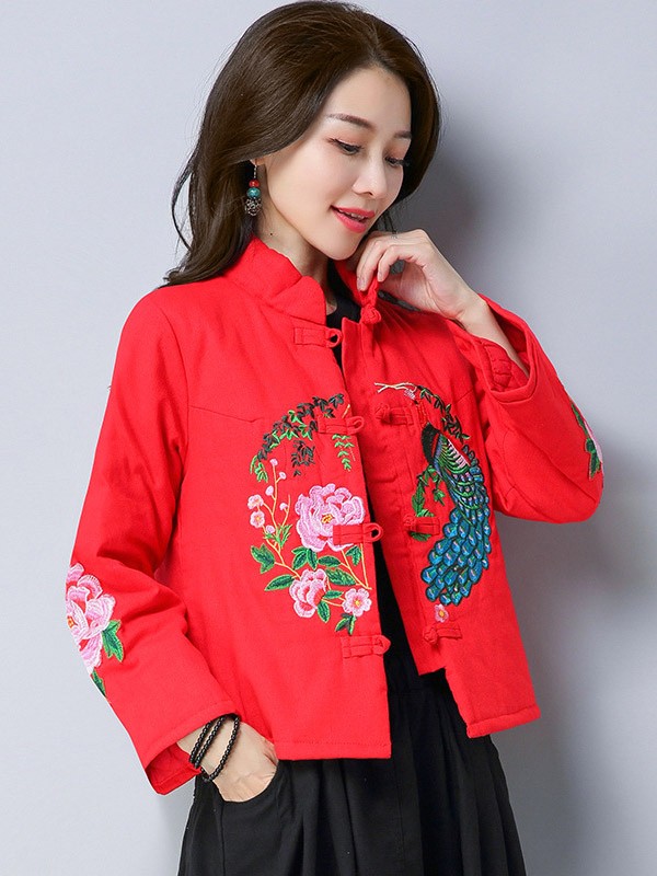 Padded Qipao Tang Jacket with Floral & Bird Embroidery