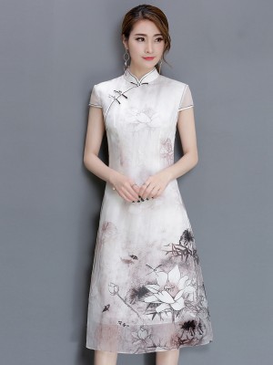 White Qipao / Cheongsam Dress in Lotus Printing