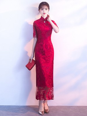 Embroidered Long Qipao / Cheongsam Dress with Split
