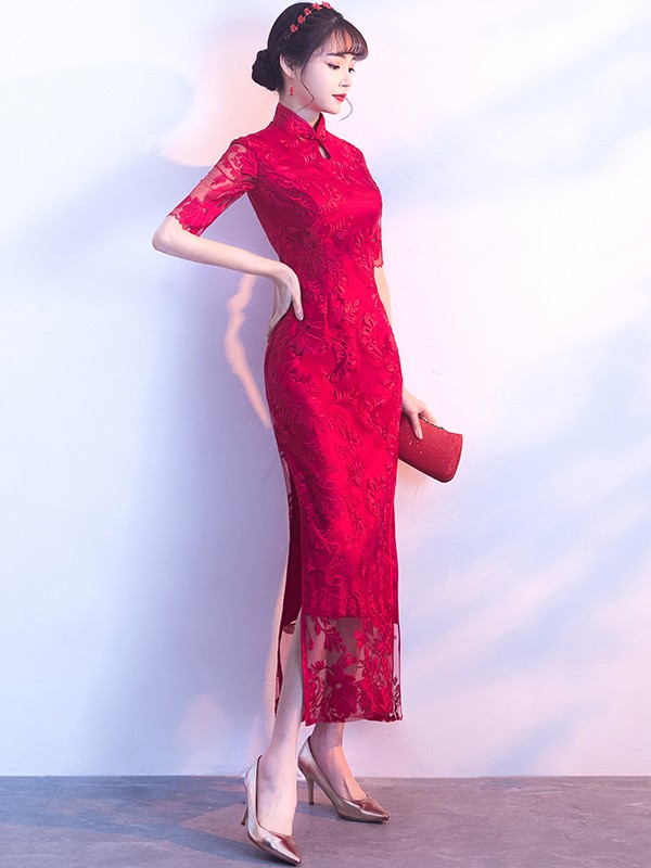 Embroidered Long Qipao / Cheongsam Dress with Split