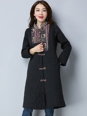 Longline Padded Quilted Pockets Qipao Tang Coat