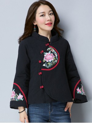 Women Padded Quilted Tang Zhuang Coat with Trumpet Sleeve