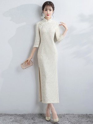 Champagne Lace Long Qipao / Cheongsam Dress with Split