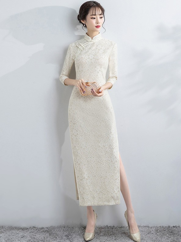 Champagne Lace Long Qipao / Cheongsam Dress with Split