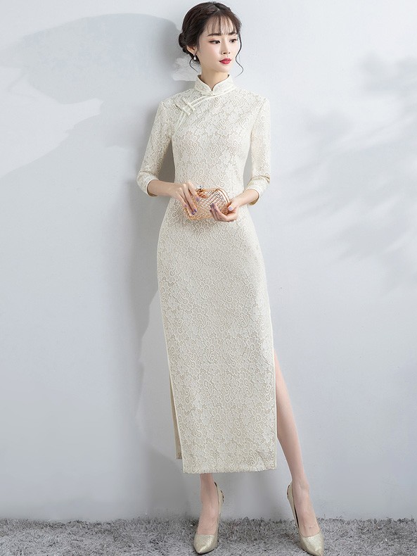 ChampagneLace Long Qipao / Cheongsam Dress with Split - CozyLadyWear