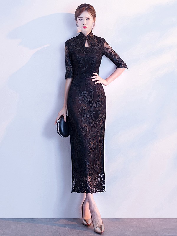 Black Embroidered Overlay Qipao / Cheongsam Dress with Split - CozyLadyWear