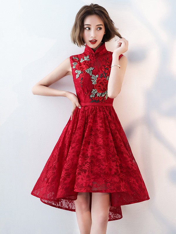 Red Lace Embroidered Qipao / Cheongsam Evening Dress with Dip Hem