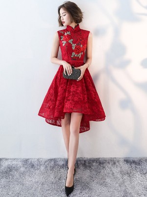 Red Lace Embroidered Qipao / Cheongsam Evening Dress with Dip Hem ...