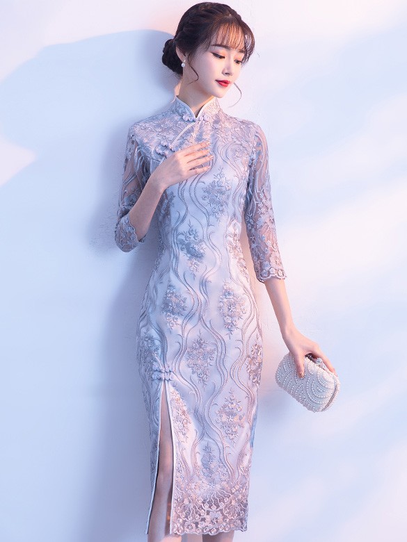 Gray Embroidered Split Qipao / Cheongsam Evening Dress